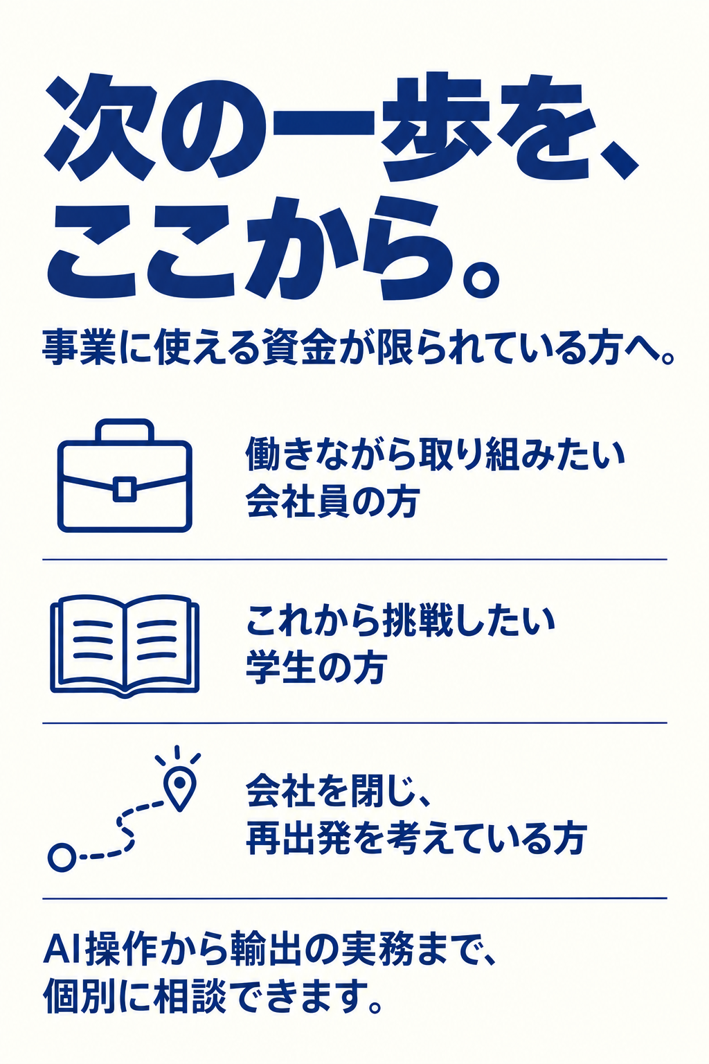 次の一歩を、ここから。事業に使える資金が限られている会社員、学生、再出発を考えている方へ。AI操作から輸出の実務まで、個別に相談できます。